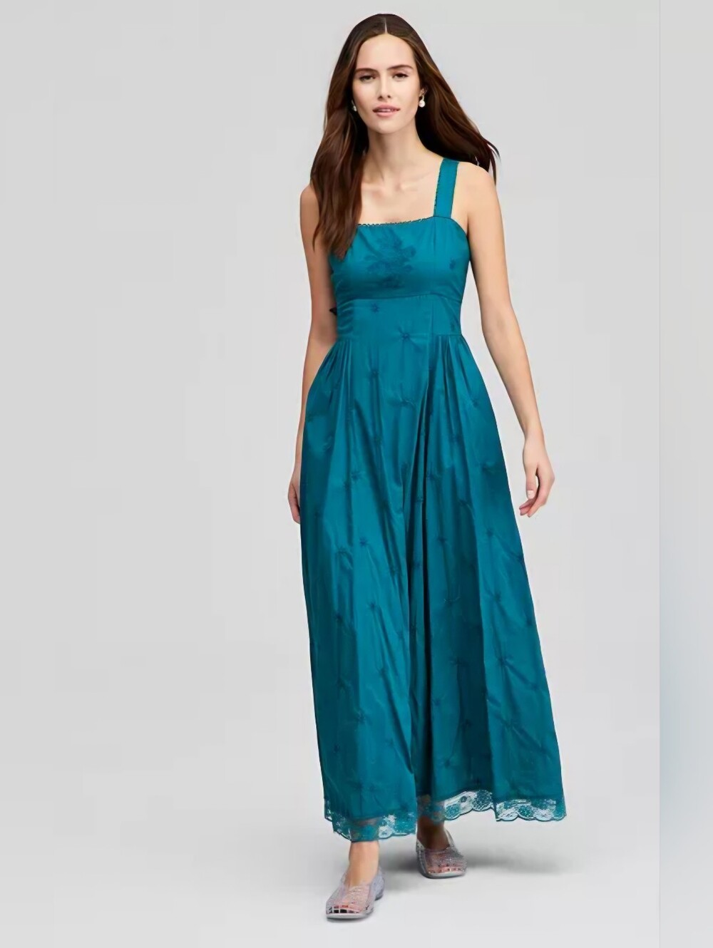 Maxi Dress with Square Neckline, 100% Cotton